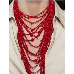 New! Zara Red Crochet Button Statement Necklace NWOT